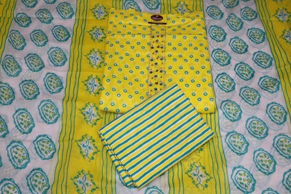 Printed Yellow Green Cotton Suit